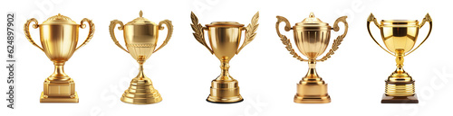 Generative AI, PNG set of 5 trophy cup. Champion trophy, shiny golden cup, sport award. Winner prize photo