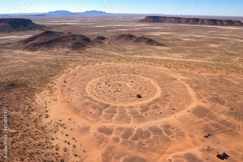 aerial view of petroglyph site in remote desert, created with generative ai