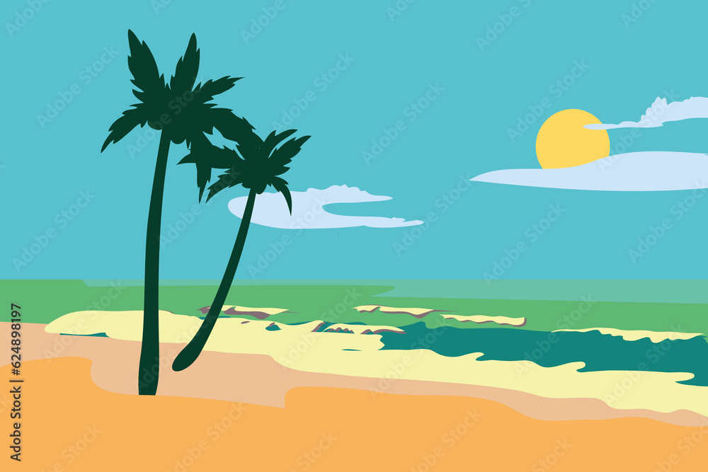 Vector illustration of a beach and a sea coast landscape. Creative banner or landing page for tour operator or travel agency. Summer theme background.
