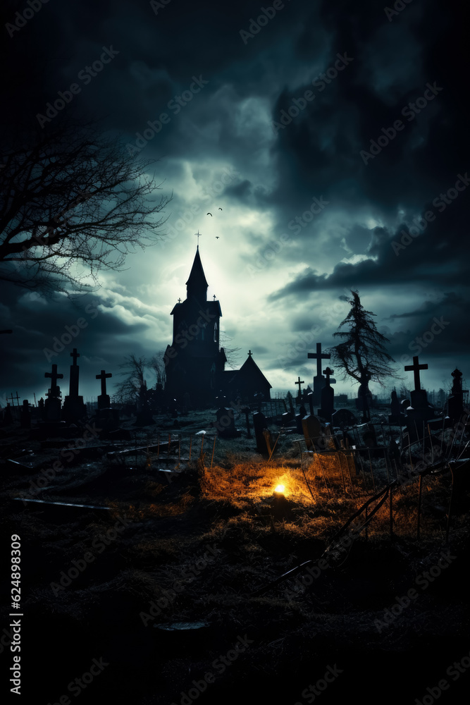 dark clouds over old graveyard at night 