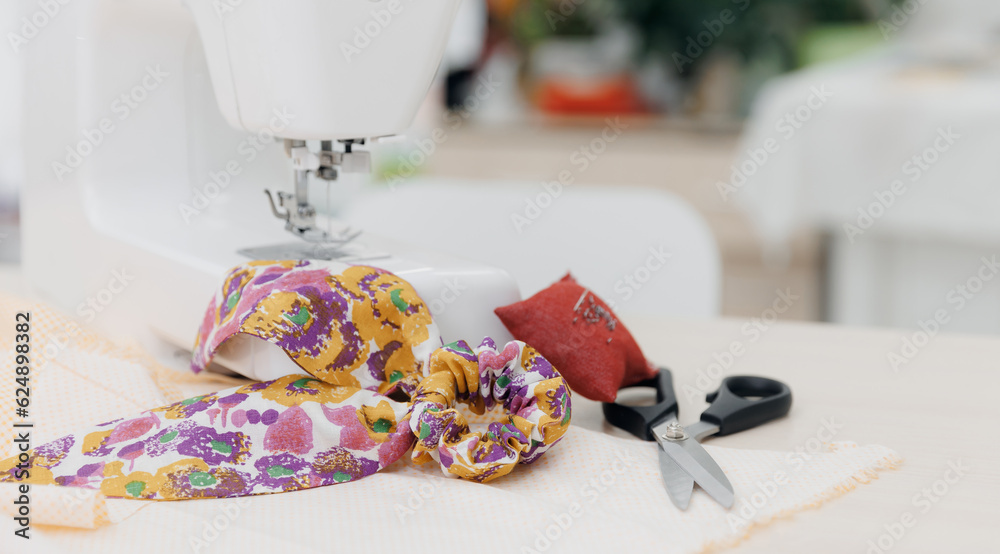 Banner industry tailor sewing machine on table workshop of white background