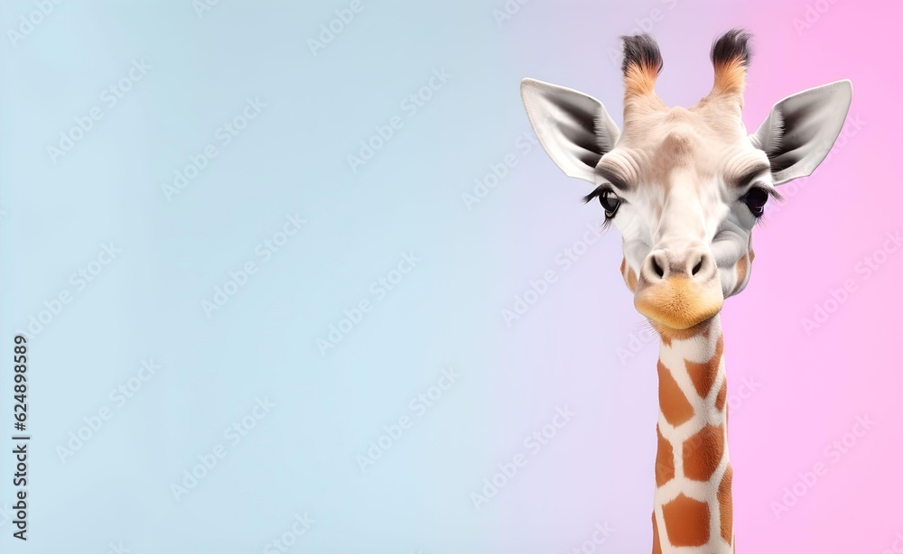 Creative Animal Concept. Giraffe peeking over pastel bright background. Generative AI.