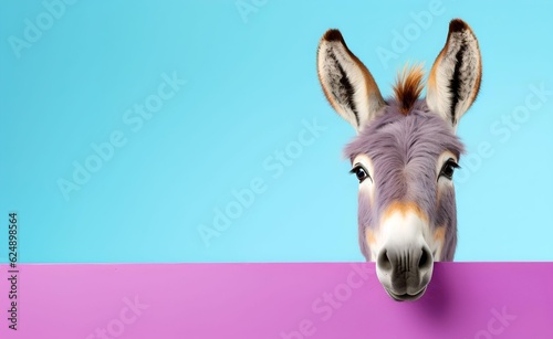 Creative Animal Concept. Donkey peeking over pastel bright background. Generative AI. © Curioso.Photography