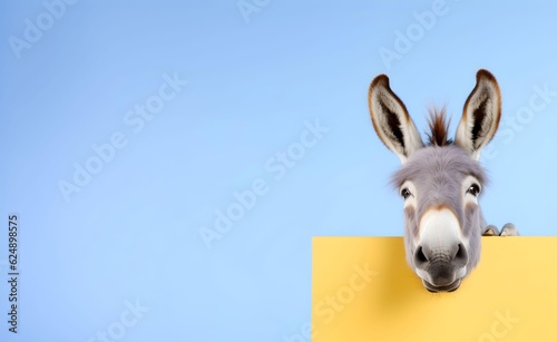Creative Animal Concept. Donkey peeking over pastel bright background. Generative AI. © Curioso.Photography
