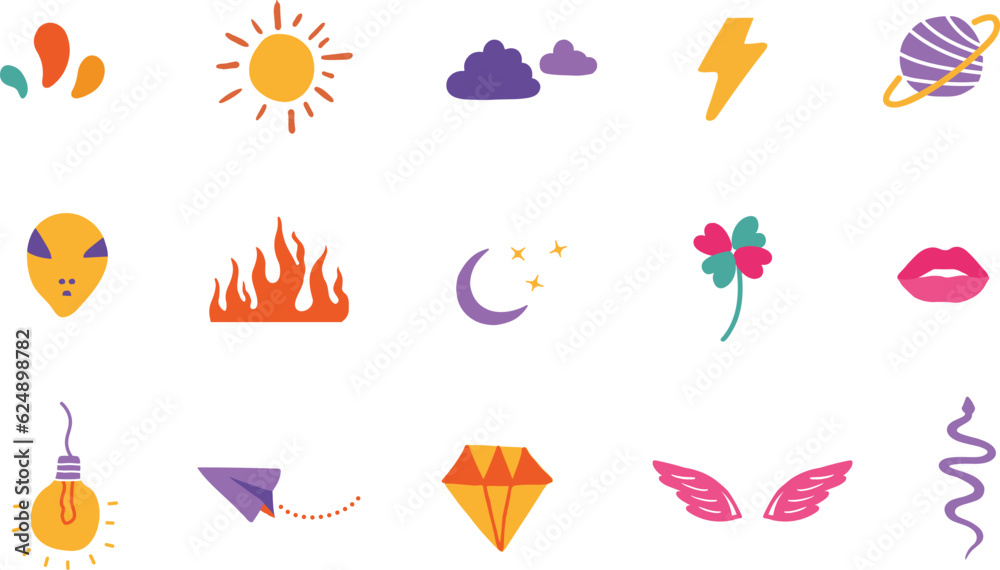 Hand drawn vector illustration of colorful doodle elements 
