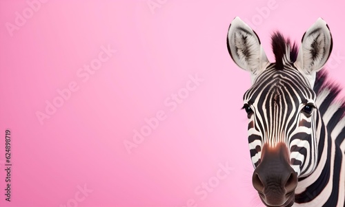 Creative Animal Concept. Zebra peeking over pastel bright background. Generative AI.
