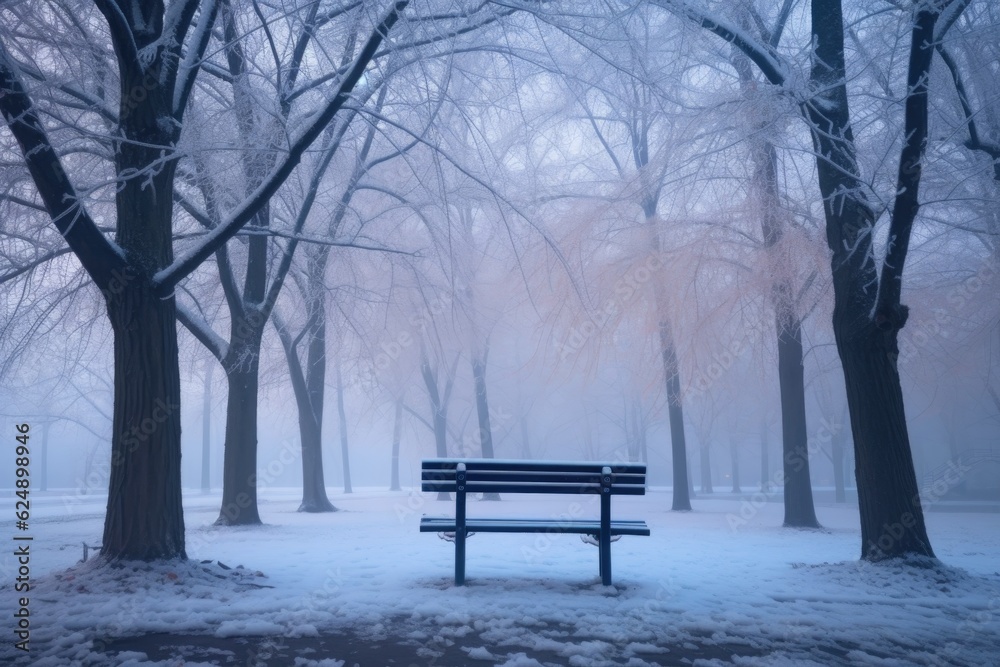 snowy park bench surrounded by fog and frosty trees, created with generative ai