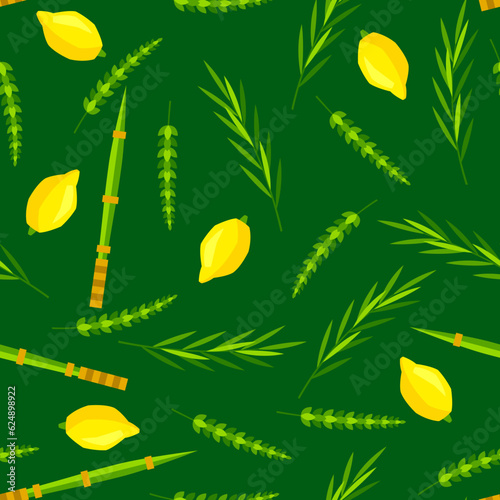 Happy Sukkot seamless pattern. Holiday background with Jewish festival traditional symbols.