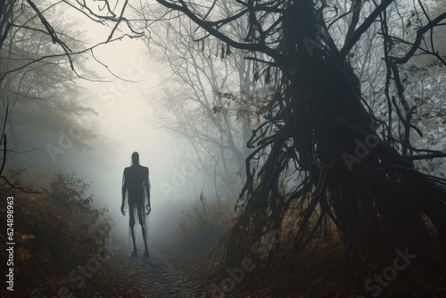 foggy forest path with eerie zombie silhouette, created with generative ai