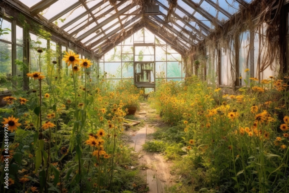 abandoned greenhouse overtaken by wildflowers, created with generative ai abandoned greenhouse overtaken by wildflowers, created with generative ai