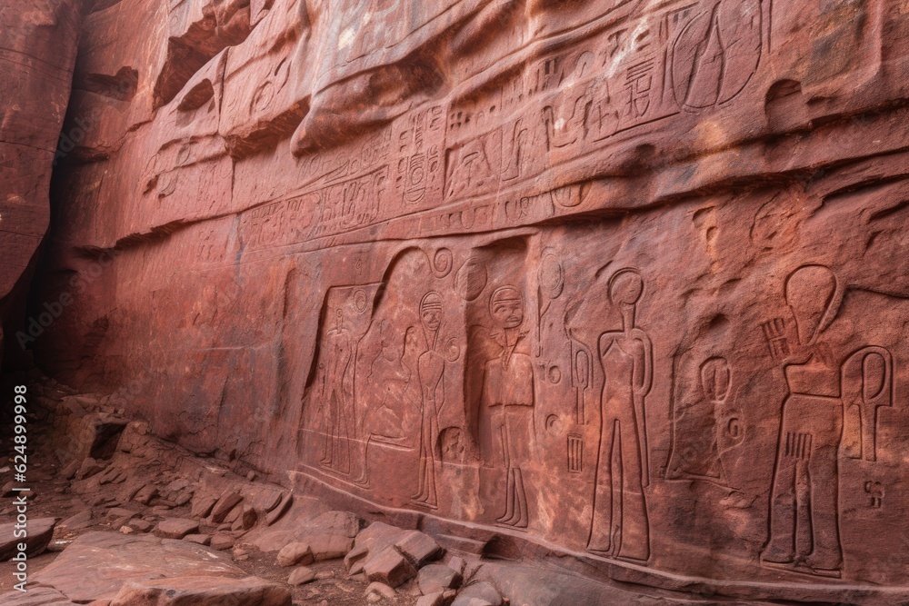 close-up of ancient petroglyphs on red sandstone, created with generative ai