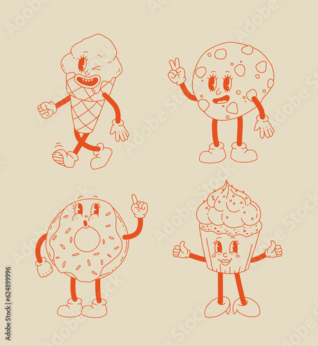 Retro dessert character. Cute cartoon mascot sweets, smile walking sweet food, funny face ice cream, vintage cupcake, donut and wafer, bakery characters vector set.