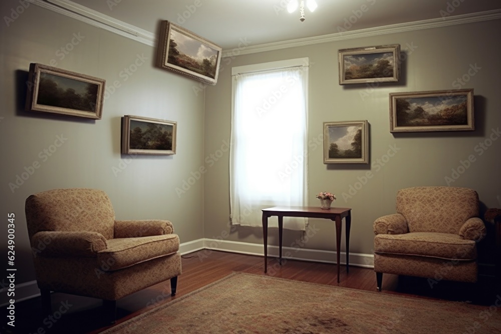 hovering picture frames on invisible walls, created with generative ai