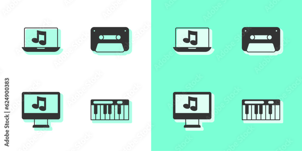 Set Music synthesizer, Laptop with music, Computer note and Retro audio cassette tape icon. Vector Set Music synthesizer, Laptop with music, Computer note and Retro audio cassette tape icon. Vector