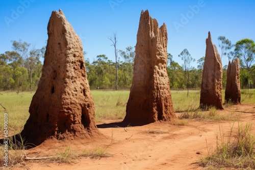 multiple termite mounds at different stages of development, created with generative ai