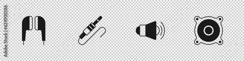 Set Air headphones, Audio jack, Megaphone and Stereo speaker icon. Vector