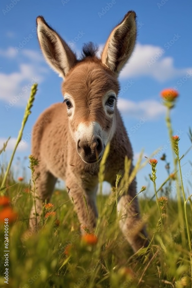 donkey foal exploring and playing in a grassy field, created with generative ai