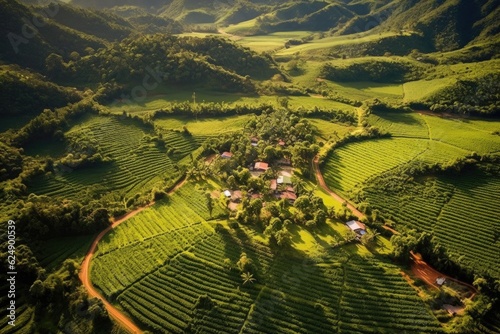 aerial view of lush coffee plantation landscape, created with generative ai