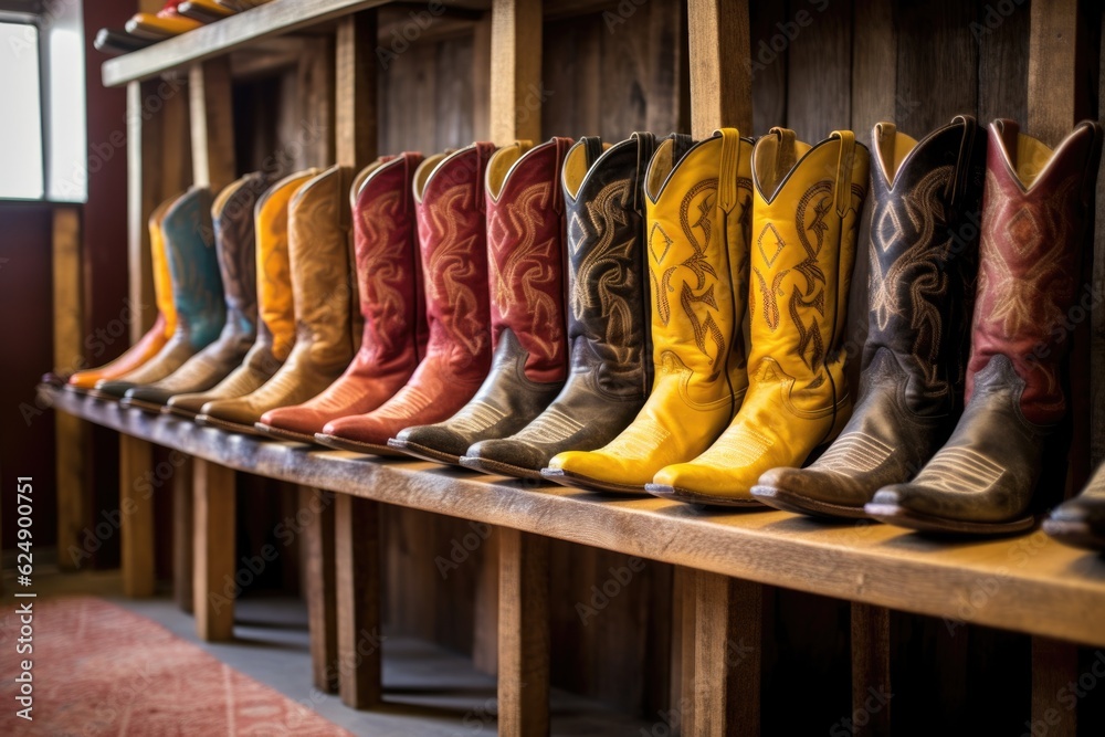 row of freshly made cowboy boots on shelf, created with generative ai