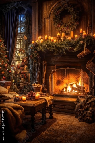 cozy fireplace with stockings and garland  created with generative ai