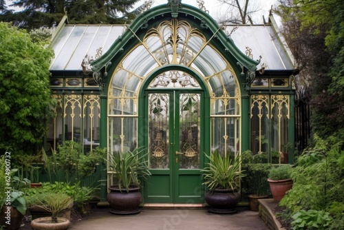 victorian greenhouse entrance with decorative ironwork, created with generative ai
