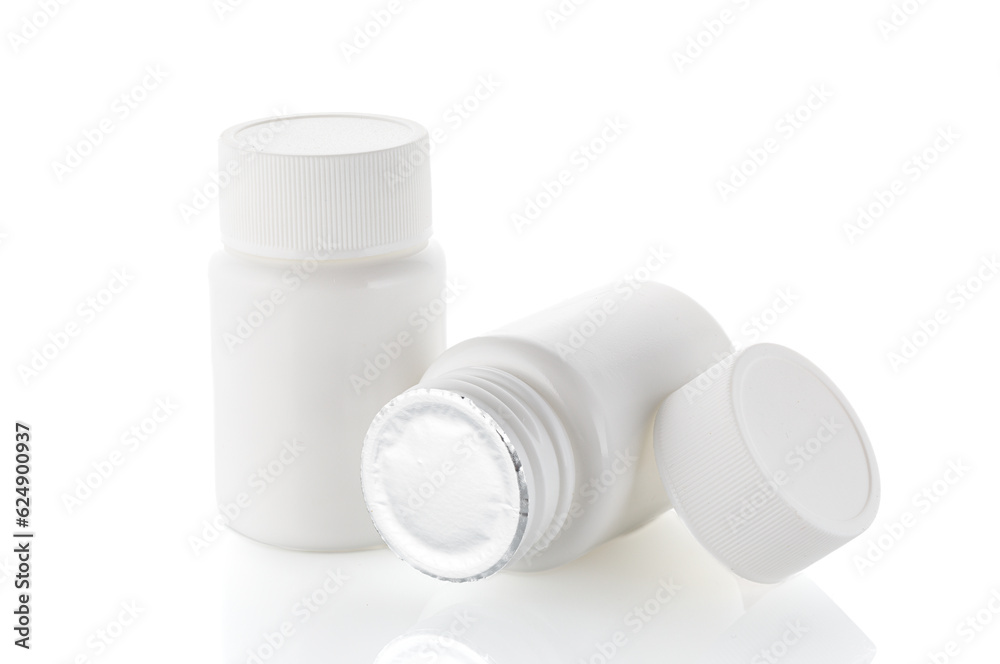 White jar with medicine isolation on white background. Plastic bottle for medicine, powder, pills, tabs, capsules. Close-up
