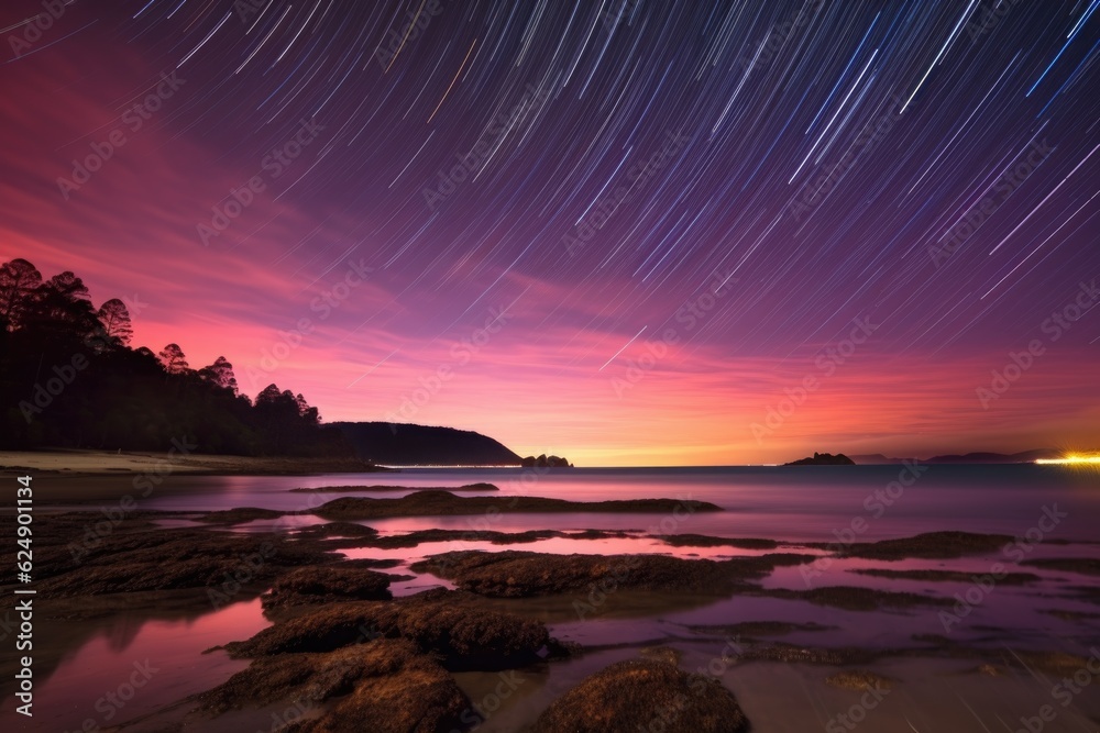 vibrant star trails above a tranquil beach coastline, created with generative ai