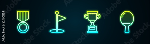 Set line Medal, Golf flag, Award cup and Racket for playing table tennis. Glowing neon icon. Vector