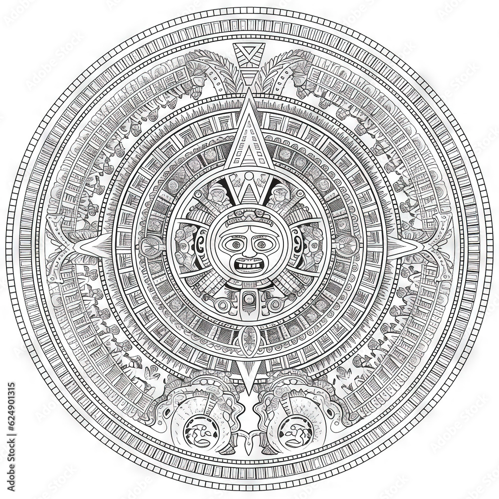 mandala Aztec coloring  book page black and white