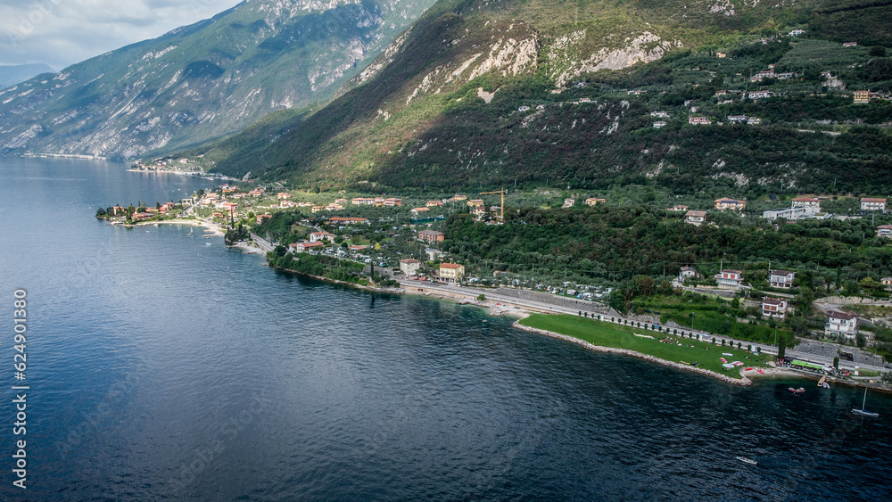 Lago de Garda. Drone areal view. Mountains and lake nature view.