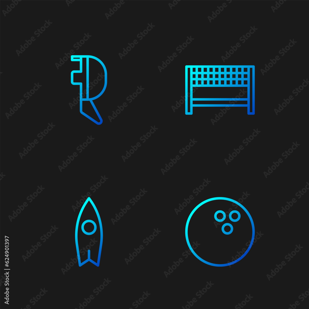Set line Bowling ball, Surfboard, Fencing helmet mask and Ribbon finishing line. Gradient color icons. Vector