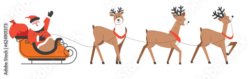 Santa Claus riding on sled with xmas reindeers