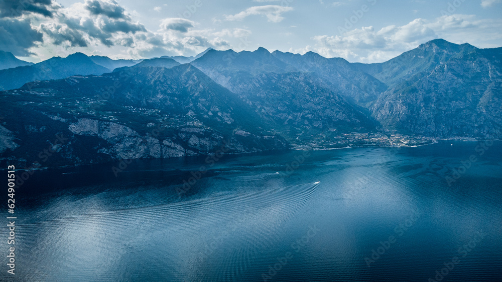 Lago de Garda. Drone areal view. Mountains and lake nature view.