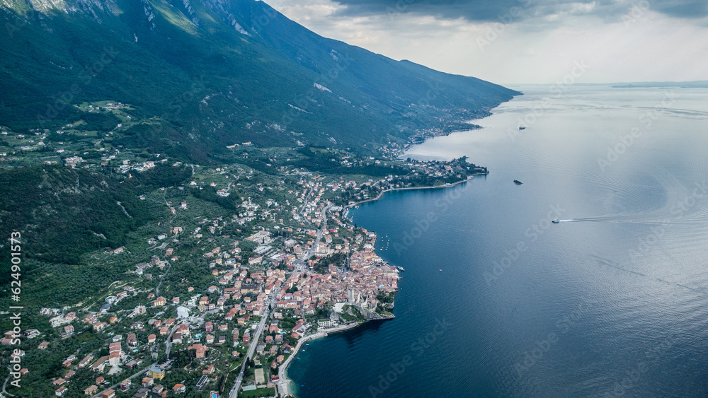 Lago de Garda. Drone areal view. Mountains and lake nature view.