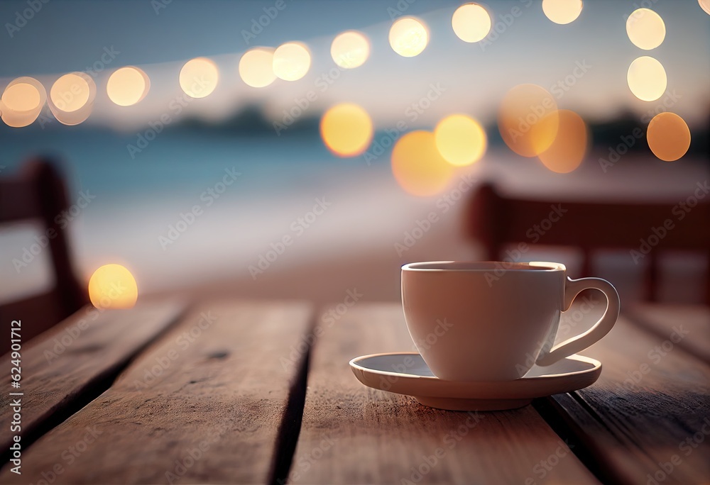 Obraz premium Beautiful beach background with wooden table. Close up of white coffee cup and outdoor blissful blue