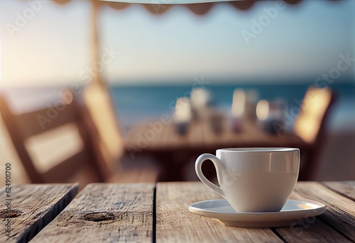 Fototapeta Naklejka Na Ścianę i Meble -  Beautiful beach background with wooden table. Close up of white coffee cup and outdoor blissful blue