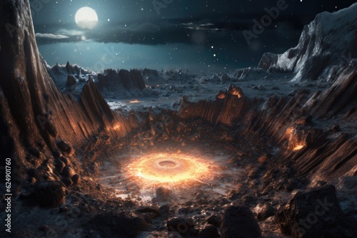 a detailed view of an asteroids impact crater, created with generative ai