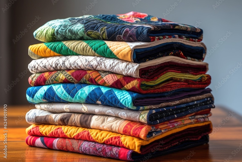 stack of folded quilts showcasing various patterns, created with generative ai