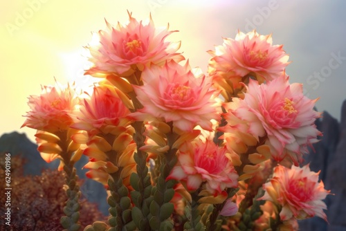 a cluster of blooming cactus flowers at sunrise  created with generative ai
