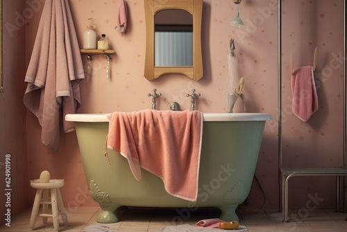 baby bathtub with a cute bathrobe hanging nearby, created with generative ai photo
