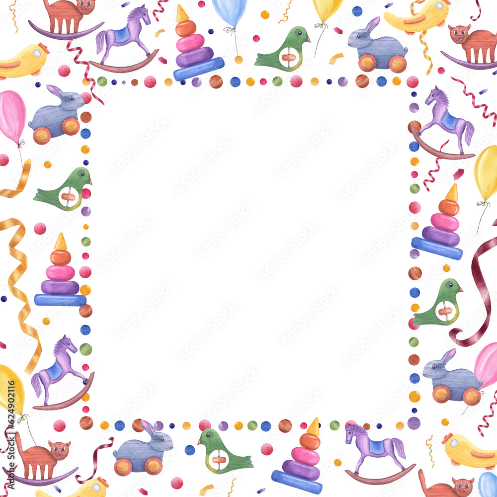 Birthday card with wood toys, holiday accessories. Pyramid, airplane, cat, hobbyhorse, bird, ribbon, balloons. Space for text. Frame isolated on transparent background. Watercolor illustration Birthday card with wood toys, holiday accessories. Pyramid, airplane, cat, hobbyhorse, bird, ribbon, balloons. Space for text. Frame isolated on transparent background. Watercolor illustration
