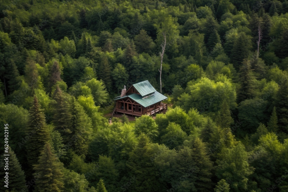 aerial view of a log cabin surrounded by dense forest, created with generative ai