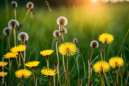 Yellow dandelions in the green grass in morning generated by AI tool