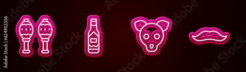 Set line Maracas, Tabasco sauce, Dog and Mustache. Glowing neon icon. Vector