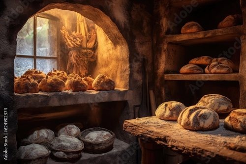 freshly baked loaves cooling beside a stone oven, created with generative ai