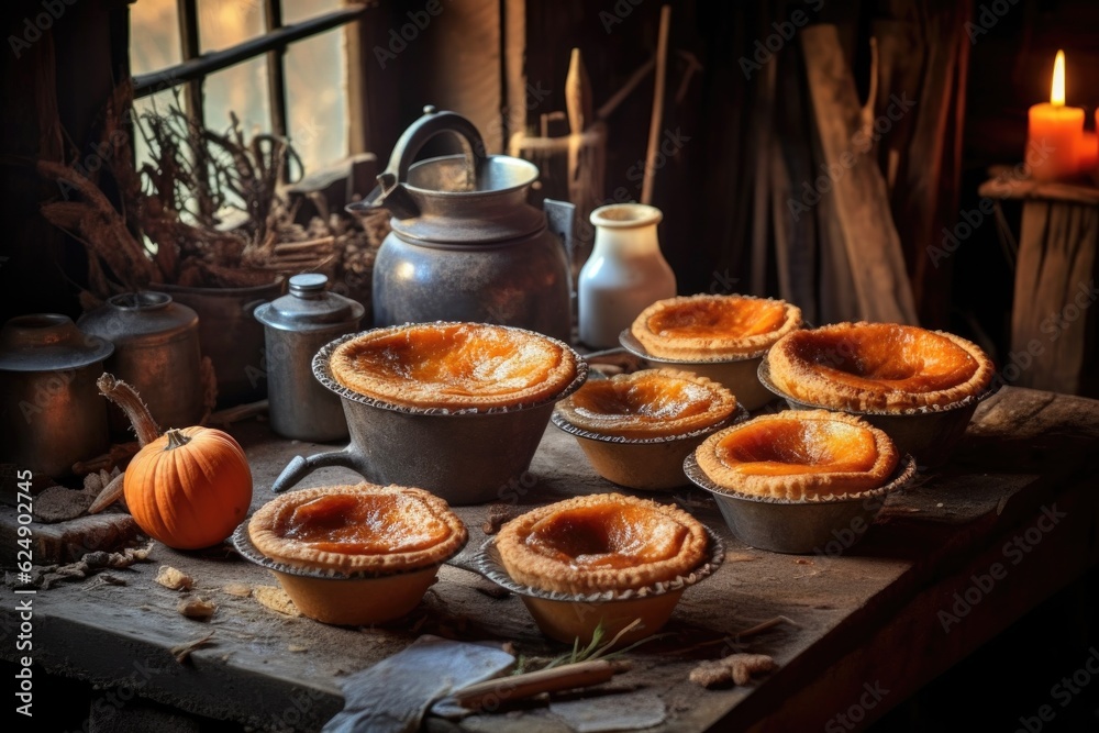 freshly baked pumpkin pies cooling on a rustic wooden table, created with generative ai