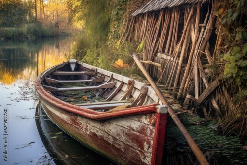 wooden oars leaning against old boat by lake  created with generative ai
