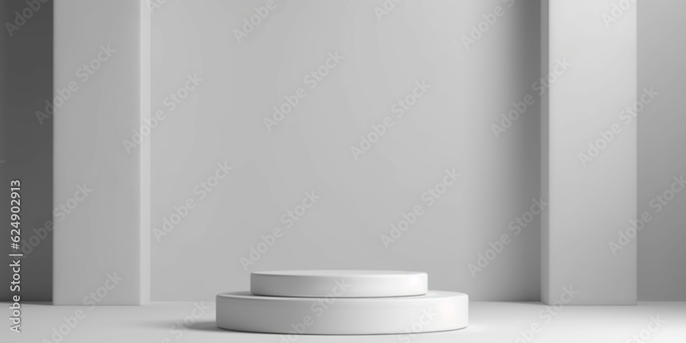 White product background stand or podium pedestal on advertising display with blank backdrops. 3D rendering White product background stand or podium pedestal on advertising display with blank backdrops. 3D rendering
