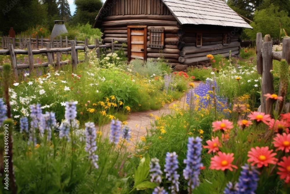 log cabin garden with colorful wildflowers, created with generative ai log cabin garden with colorful wildflowers, created with generative ai