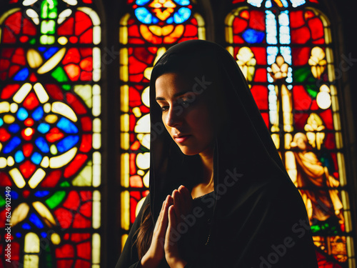 Digital photo of a Gothic medieval woman praying in front of a stained glass window in a Catholic church. Generative AI